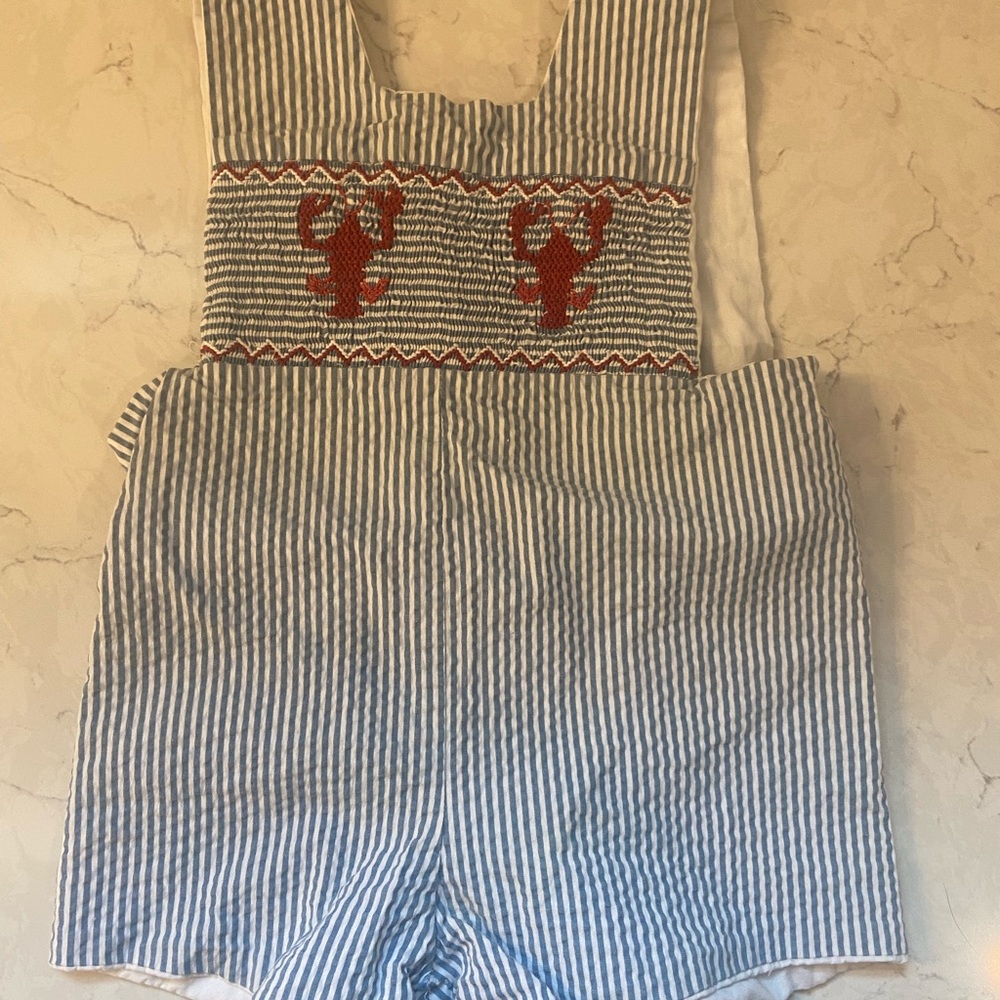Striped Blue and White Kids One Piece with Red Lobster Design